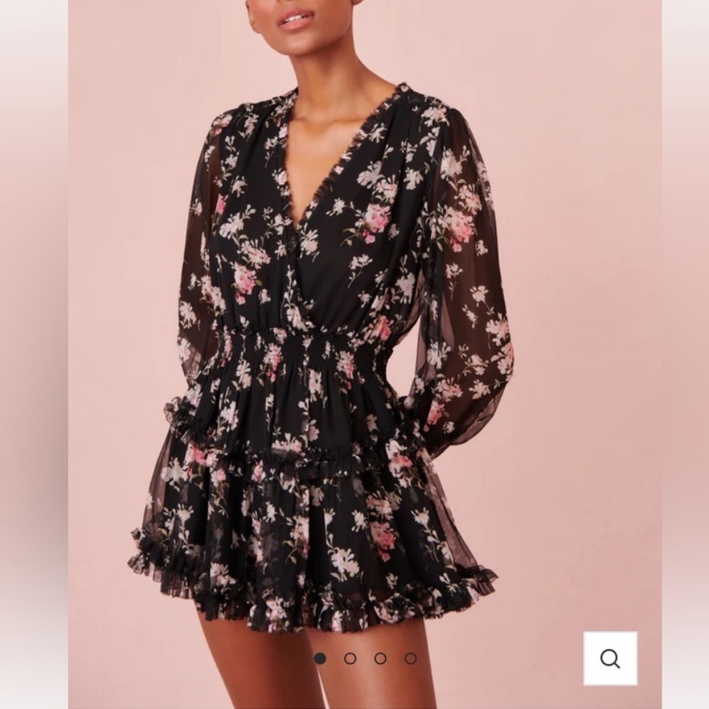 LoveShackFancy Black Floral Long Sleeve Ruffle Mini Dress with Pink Accents